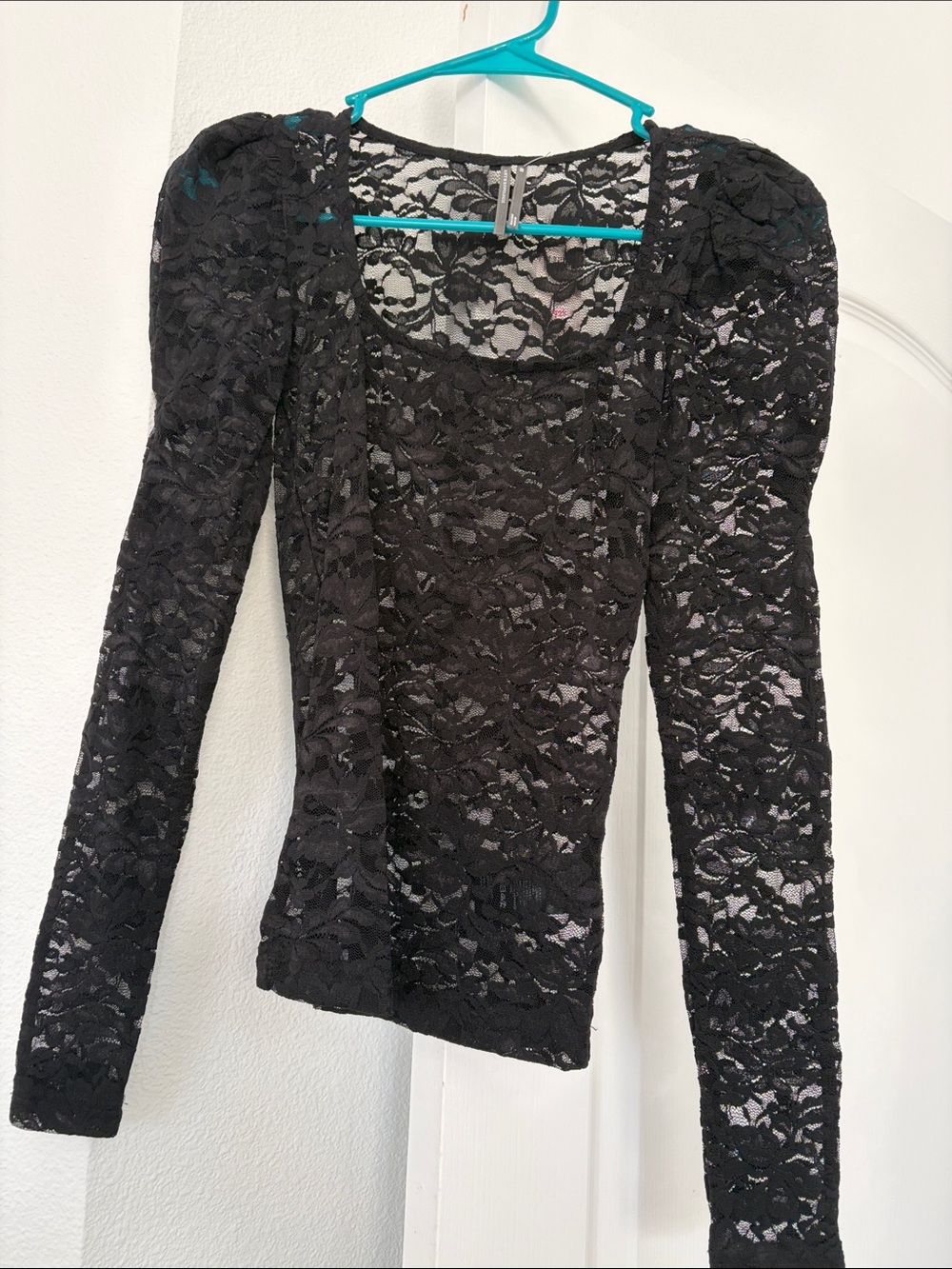 Anthropologie Black Lace Puff-Sleeve Long Sleeve Top